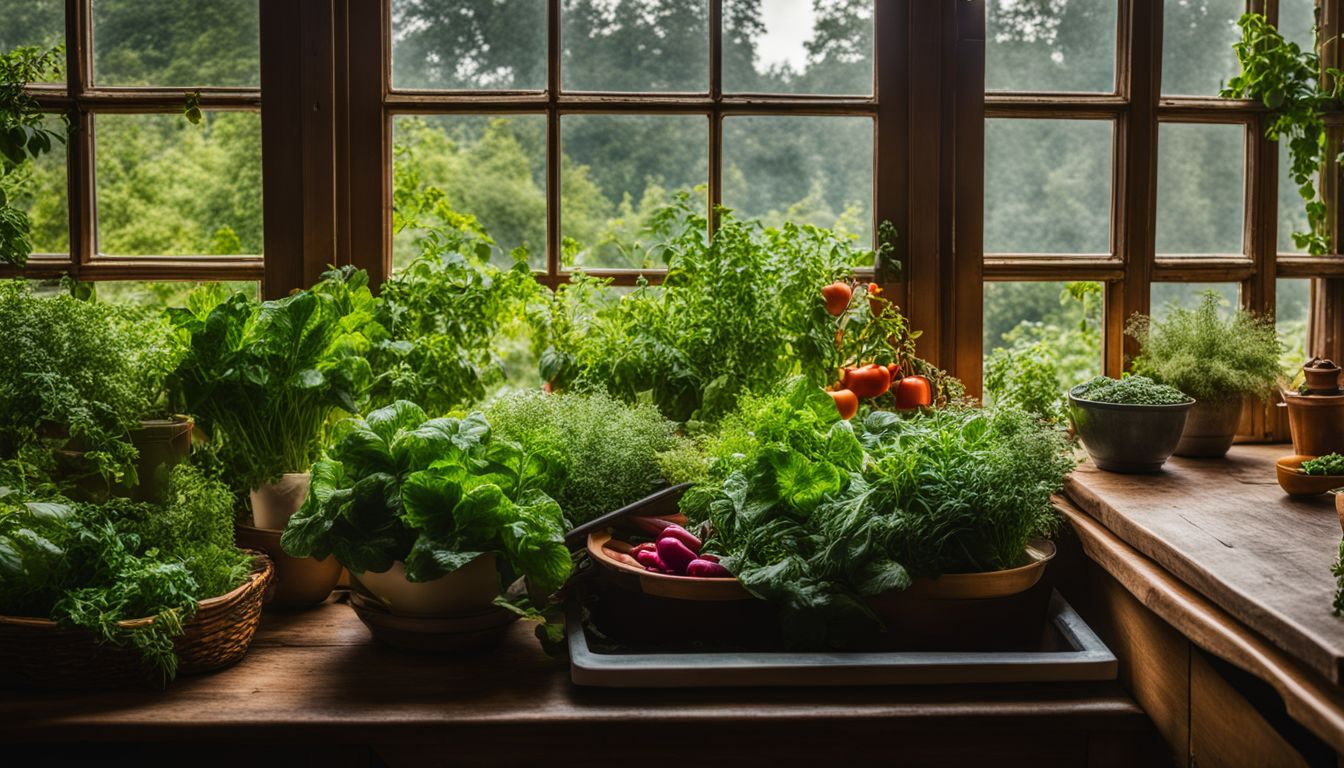 A lively kitchen garden filled with a variety of herbs and vegetables.