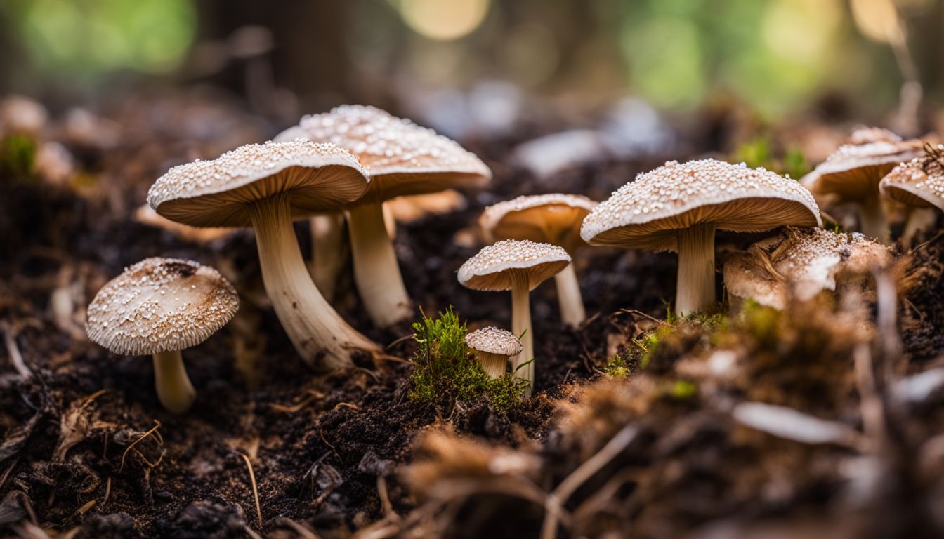 A photo of mature mushrooms with mycelium growing on soil.