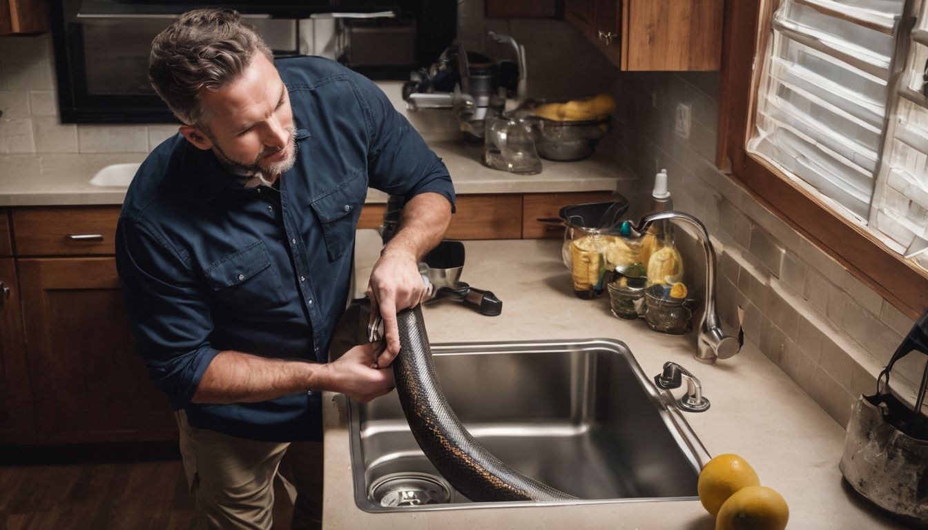 A plumber uses a plumbing snake to clear a <a href=