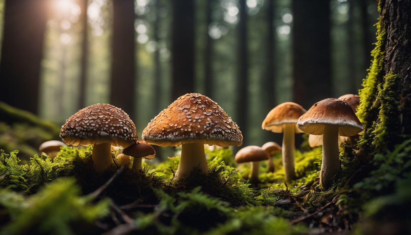 A close-up shot of a group of mushrooms growing in a forest.