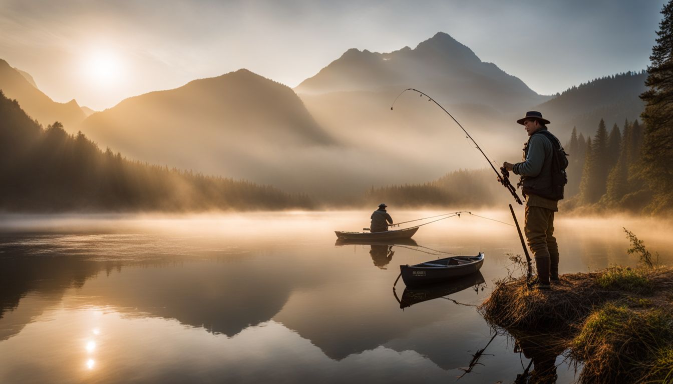A fisherman enjoys the peaceful serenity of a misty lake surrounded by mountains at sunrise.