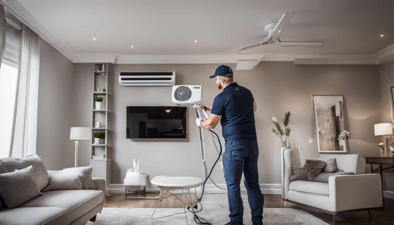 An experienced technician installing an air conditioning system in a modern residential living room.