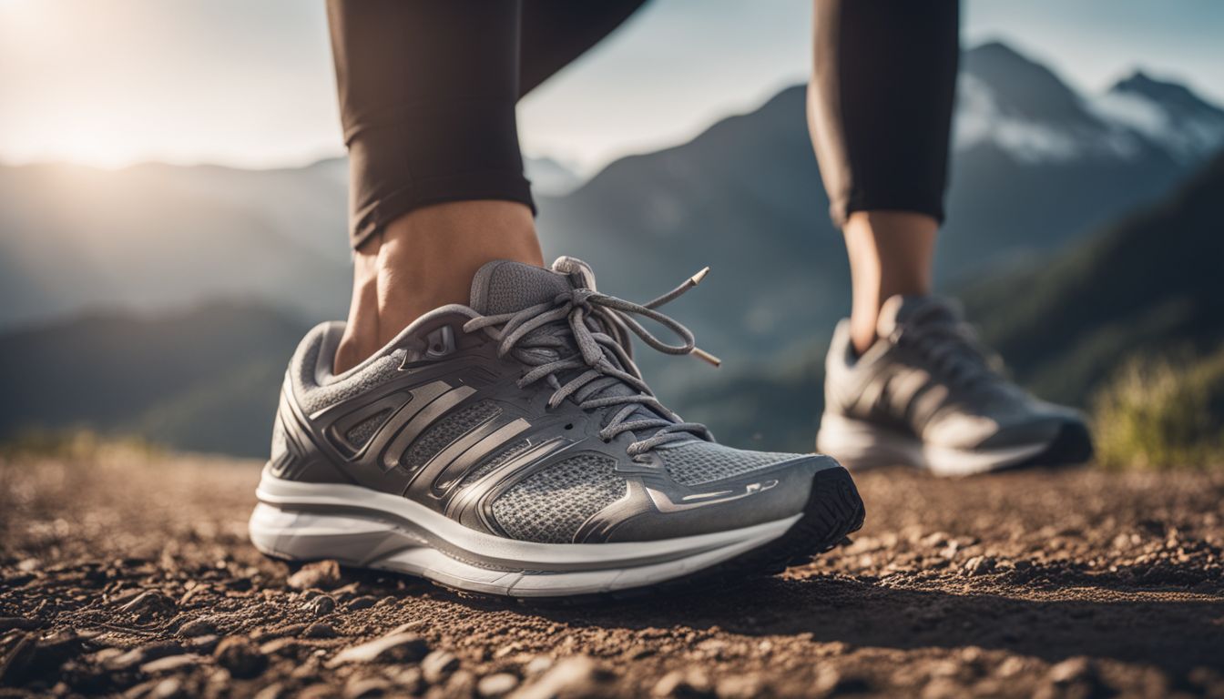 A pair of running shoes on a track surrounded by scenic mountains in a bustling atmosphere.