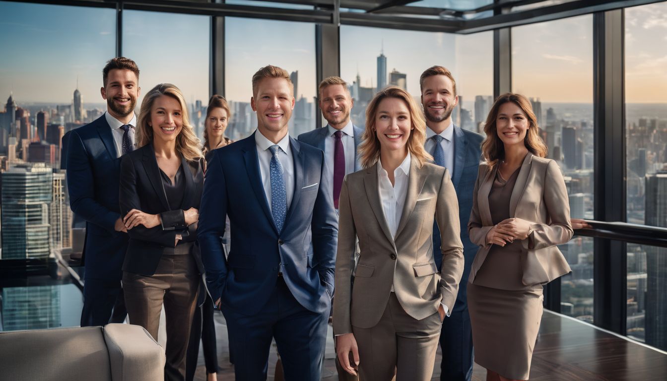 A diverse group of professionals in business attire in a cityscape.