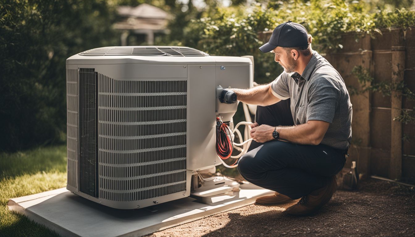 An air conditioning technician examines an outdoor unit in a residential backyard.