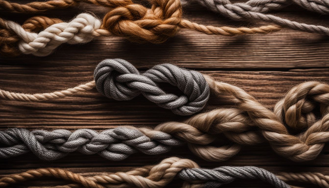 A close-up photo of various knots arranged neatly on a wooden table.