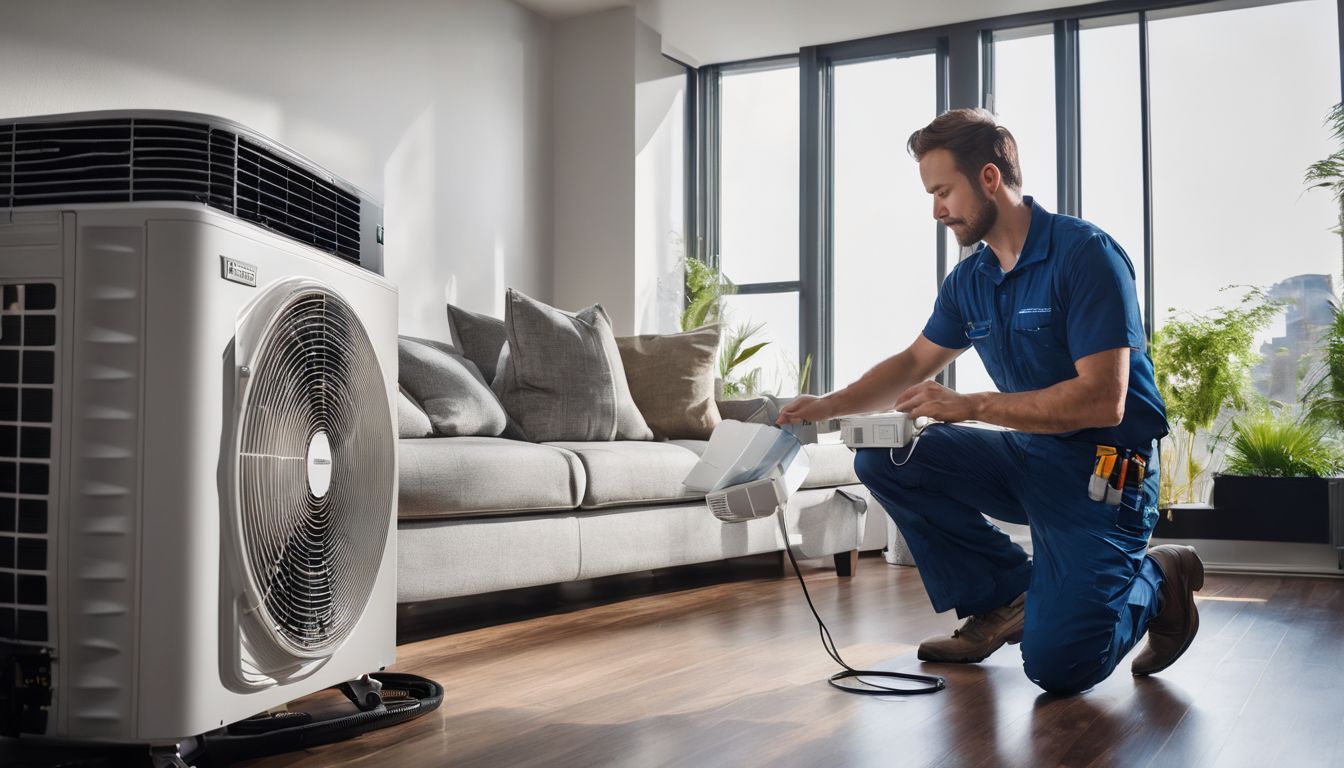 A technician installing an air conditioning unit in a modern living room.
