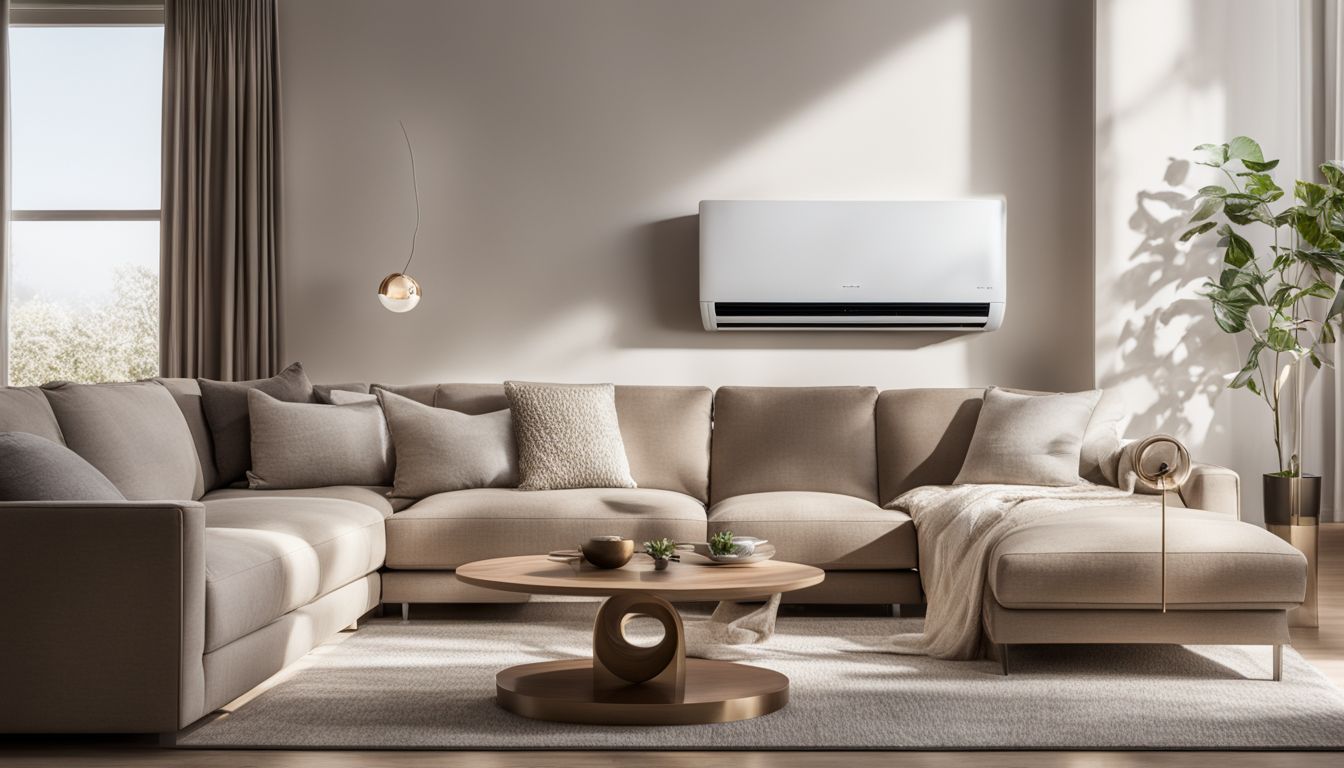 A modern air conditioning unit adds comfort to a contemporary living room.