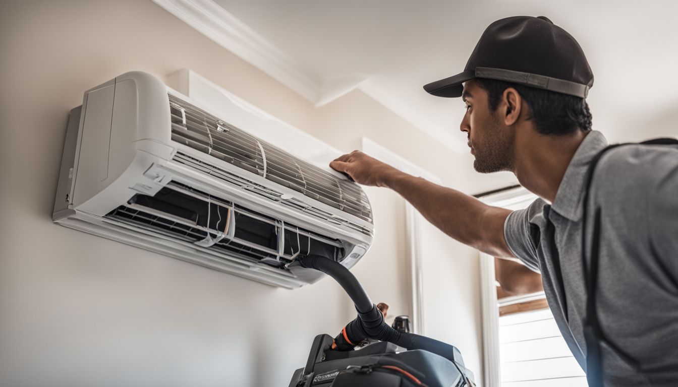 A technician installs an air conditioning unit in a residential home.