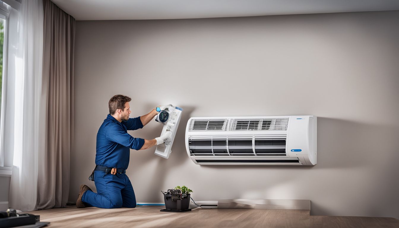 A technician installing a split system air conditioner in a living room.
