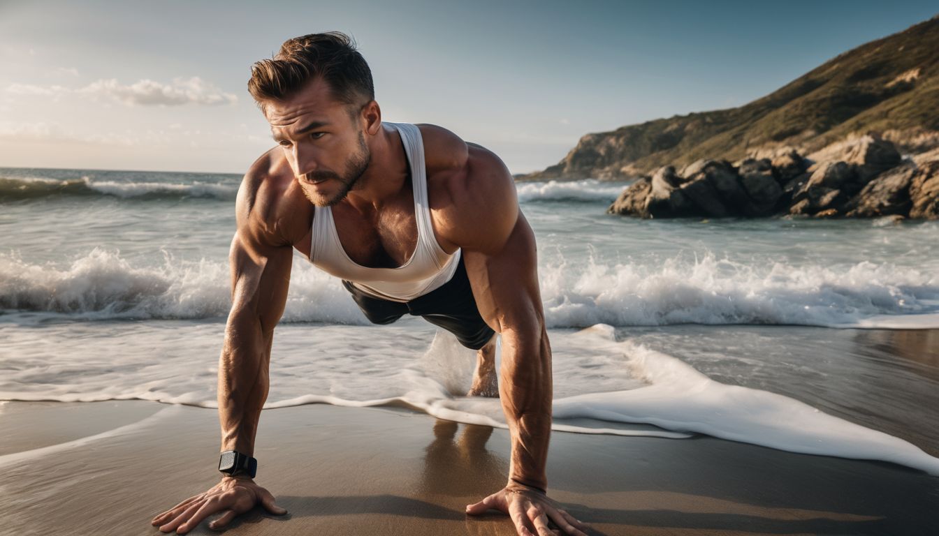 A fit man doing push-ups on a beach with waves.
