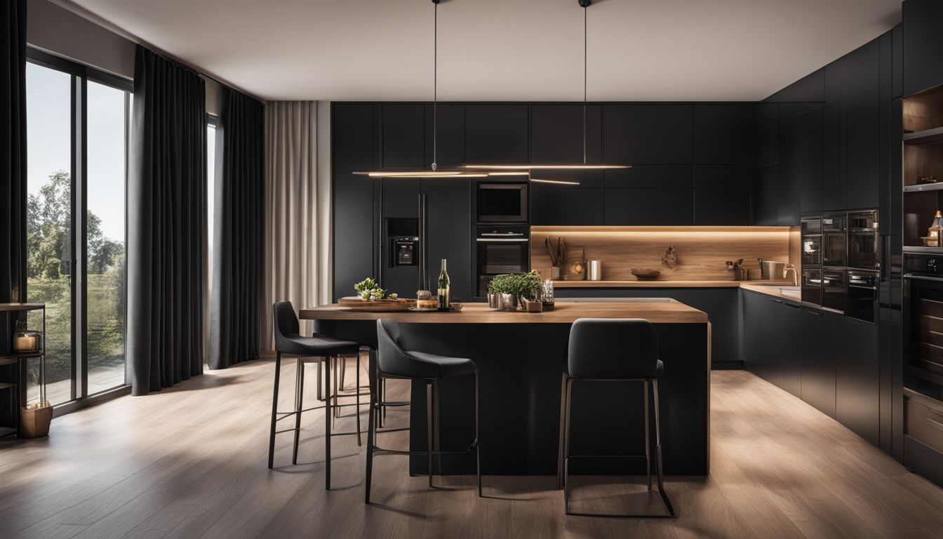 A modern kitchen showcasing blackout curtains' ability to provide privacy.