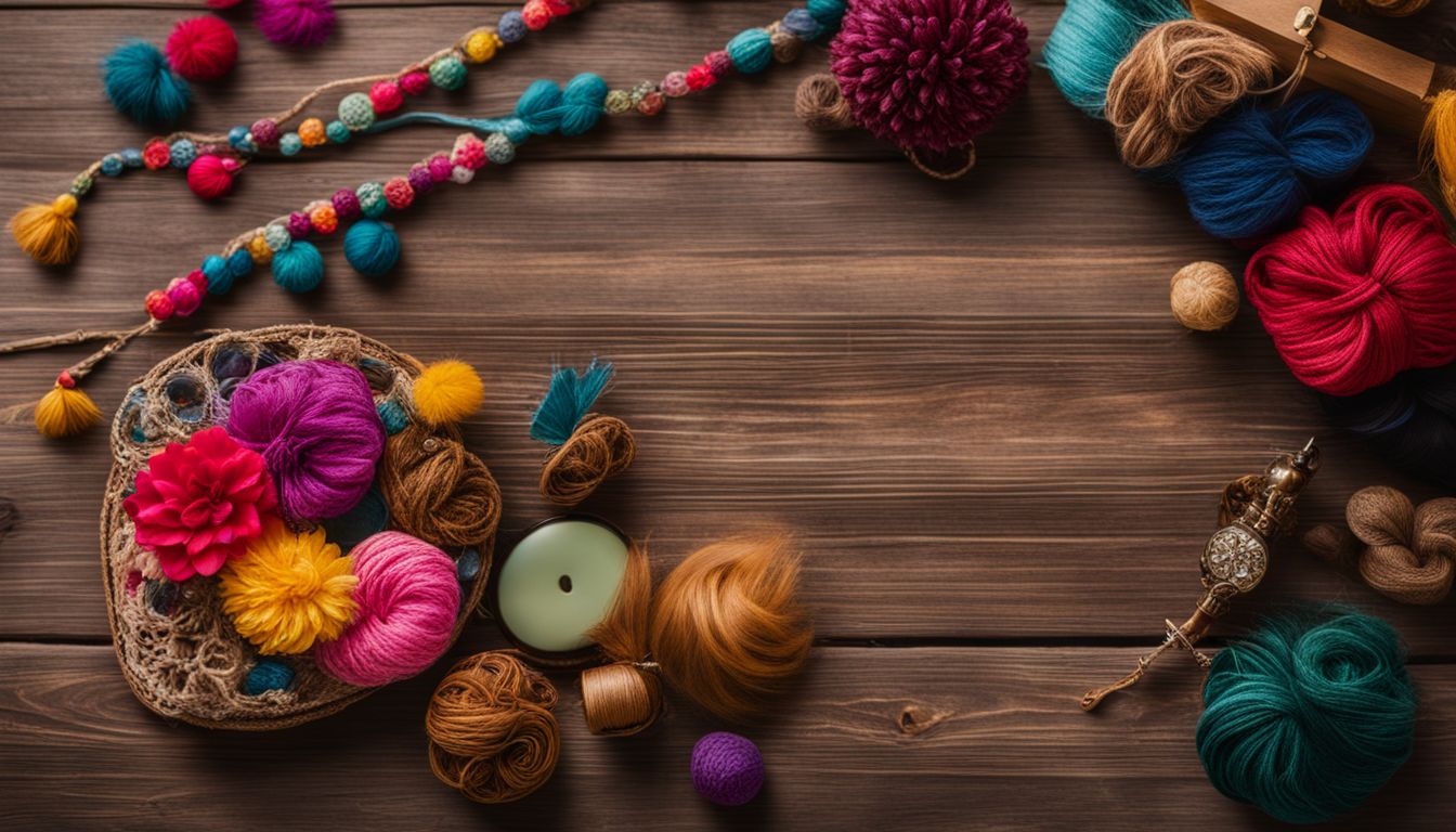 A photo of colorful handmade accessories displayed on a wooden table.