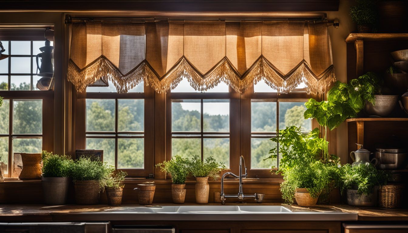 Cafe curtains in a rustic kitchen with a bustling atmosphere.