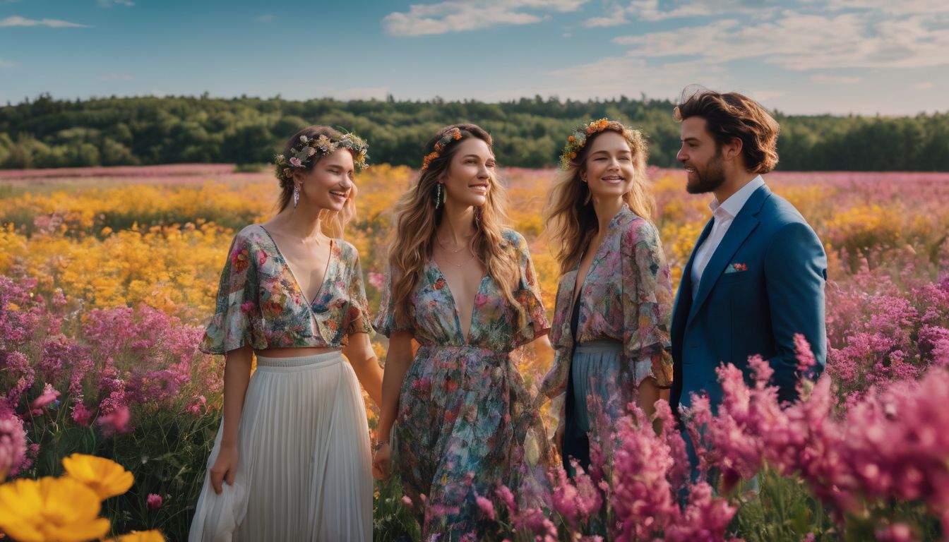 A diverse group of people wearing upcycled fashion items in a flower field.