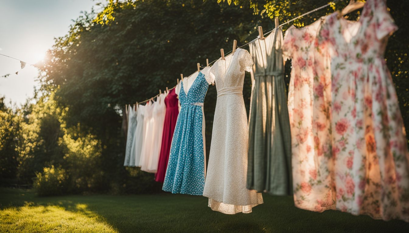 A dress made from upcycled fabric hanging on a clothesline in a sunny garden.