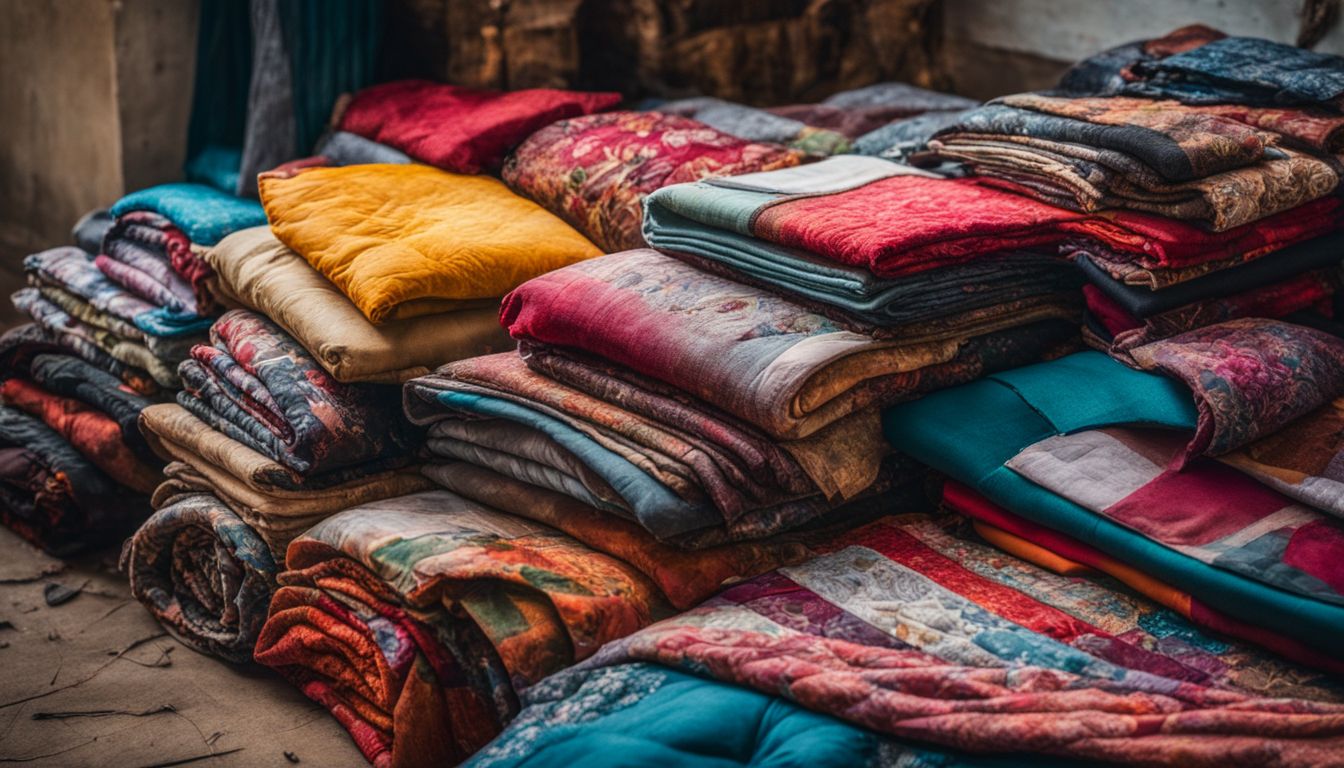 Textile waste transformed into vibrant patchwork quilts in bustling atmosphere.