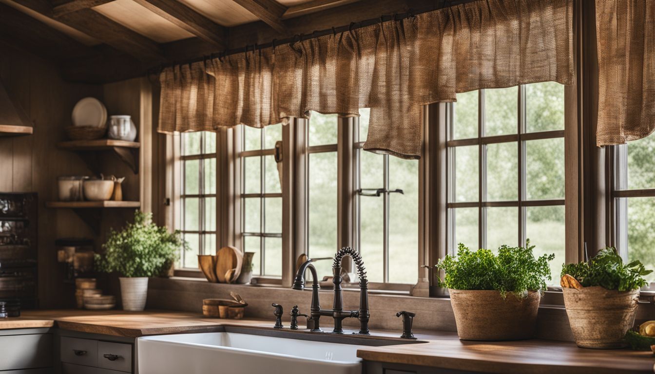 A photo of farmhouse-style kitchen curtains in a cozy rustic setting.