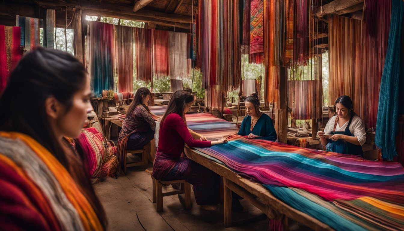 A vibrant textile workshop showcasing traditional weaving with diverse participants.