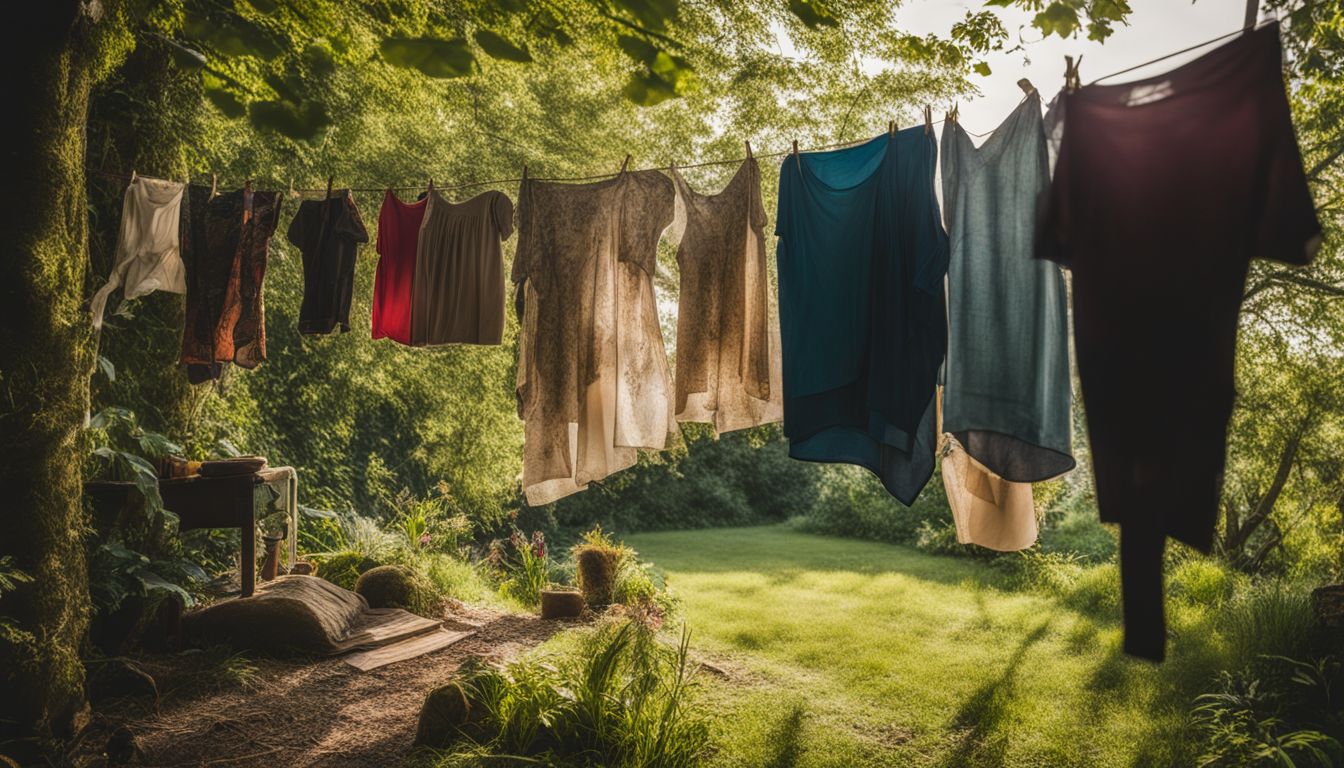 A collection of upcycled clothing displayed on a clothesline surrounded by lush greenery.