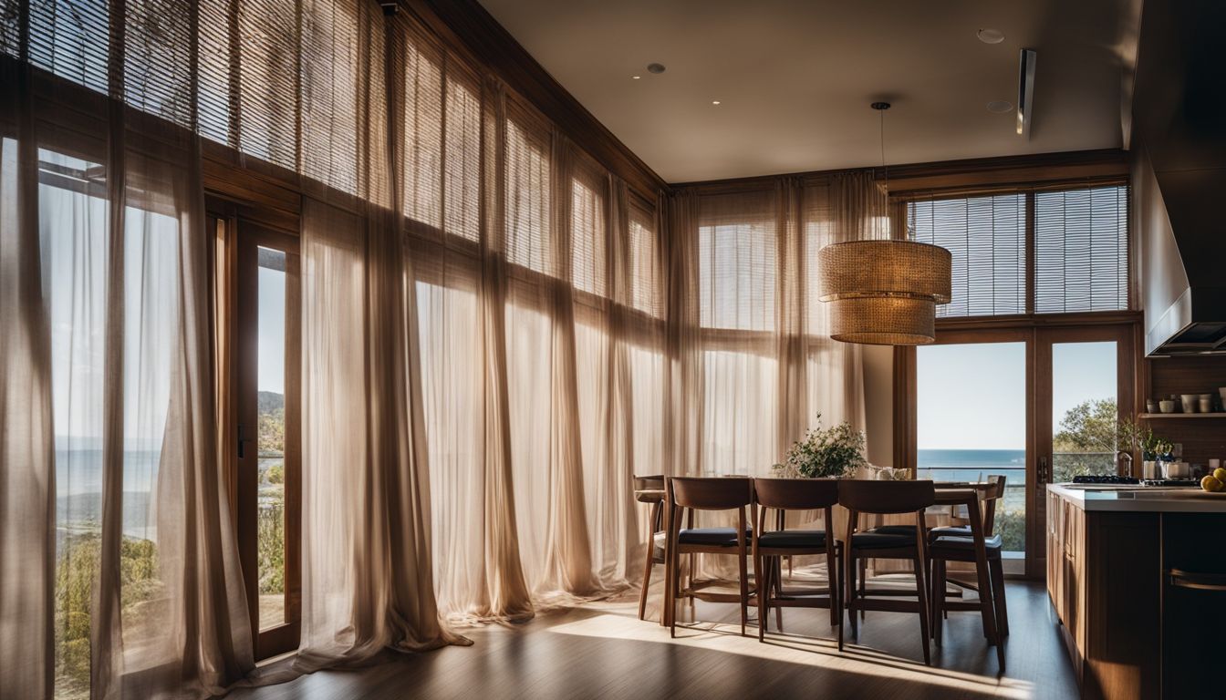 A photo featuring sheer curtains blowing in a sunlit kitchen.