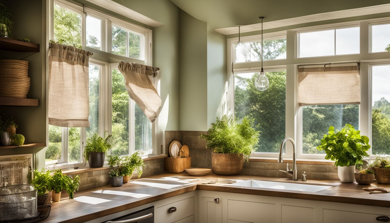 A photo of short curtains in a bright kitchen with a garden view.