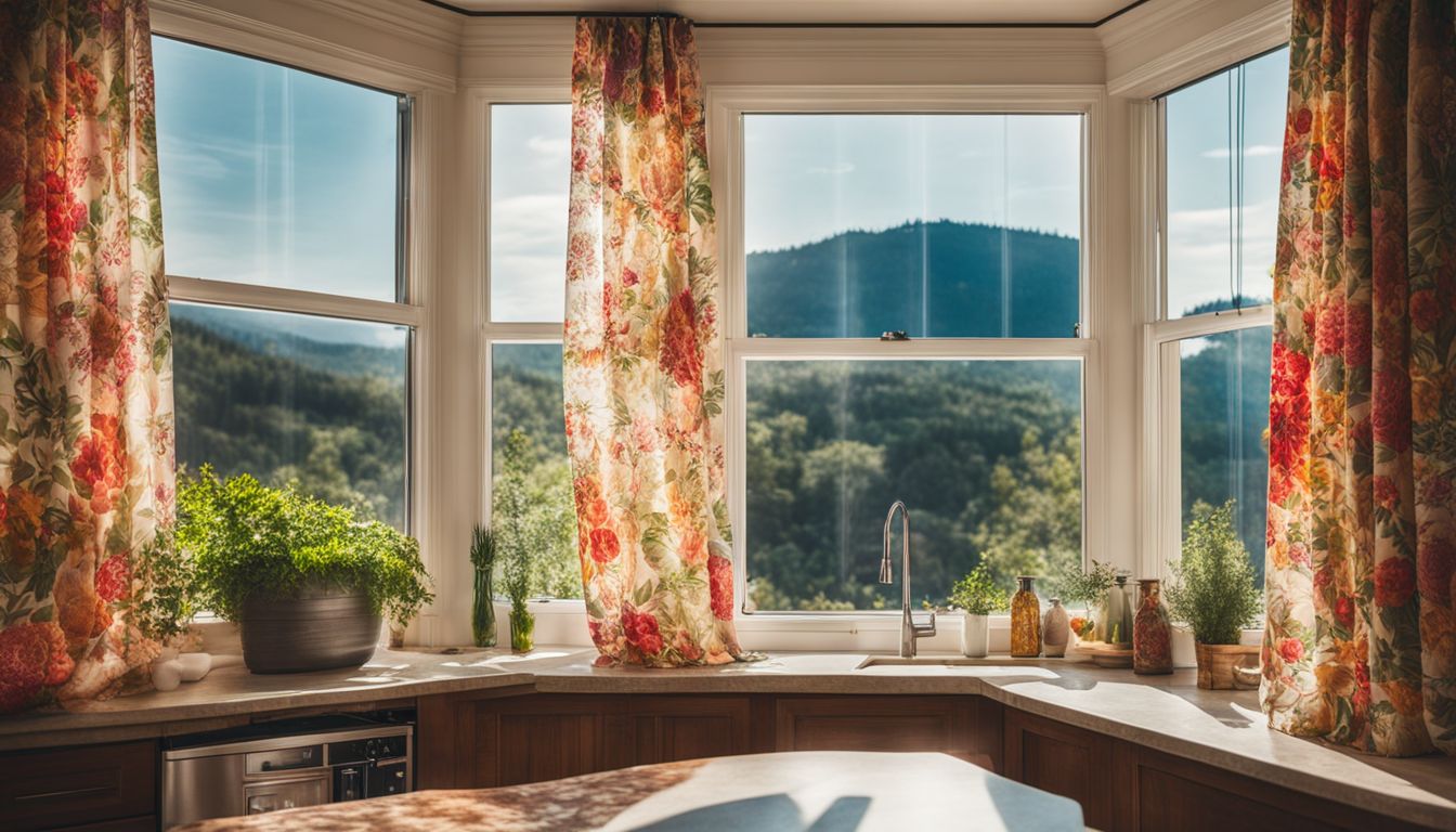 Colorful floral curtains adorn a lively kitchen window with diverse people.