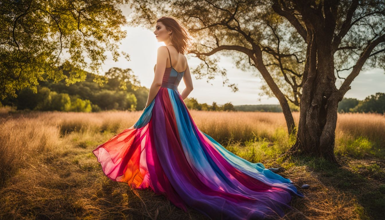 A colorful upcycled dress made from recycled fabrics surrounded by vibrant nature.