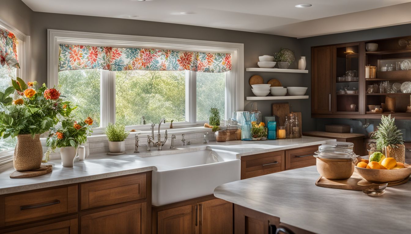 Photo of a well-decorated kitchen window with colorful curtains and natural sunlight.