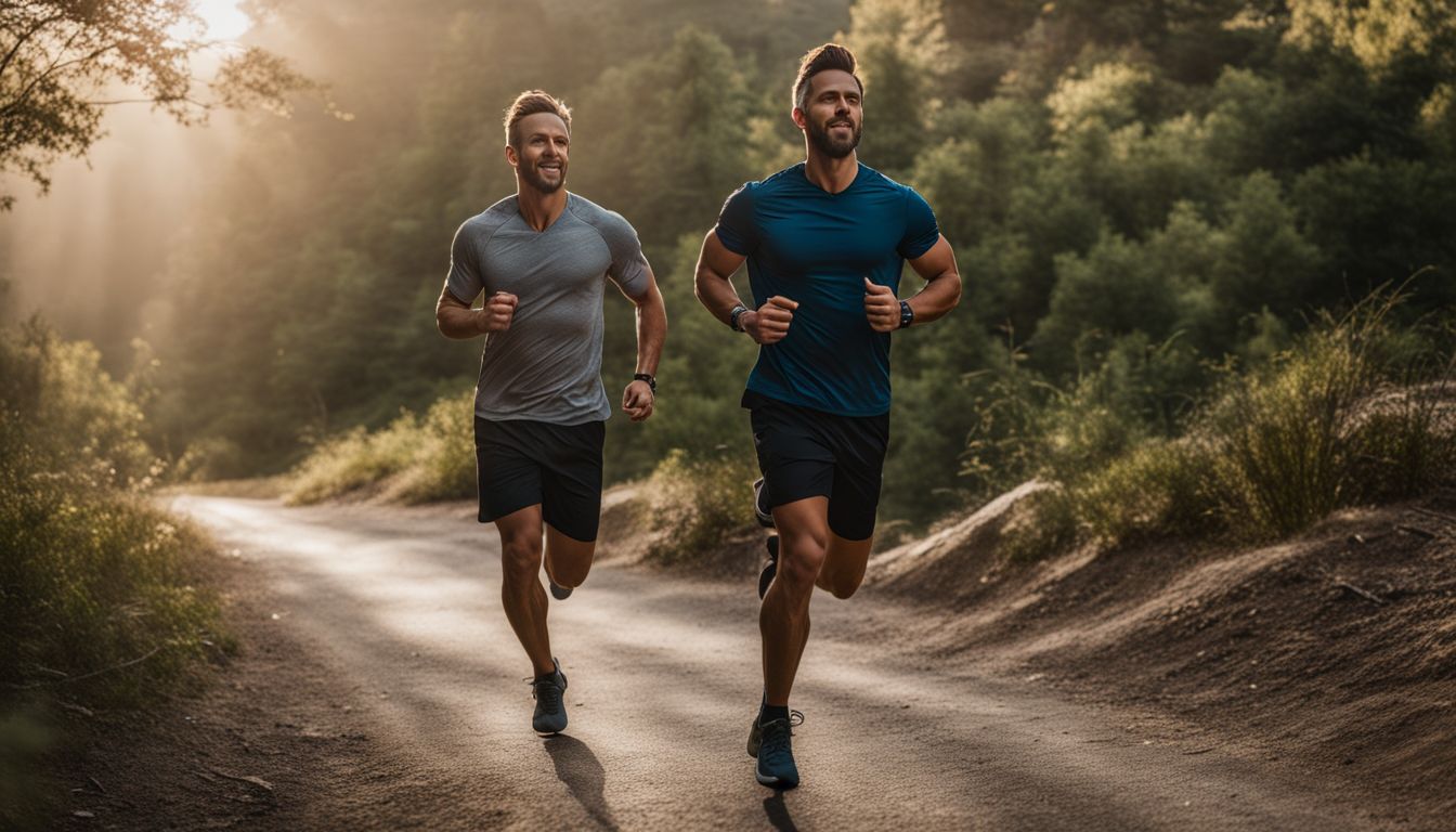 A fit man runs on a scenic trail with a partner.