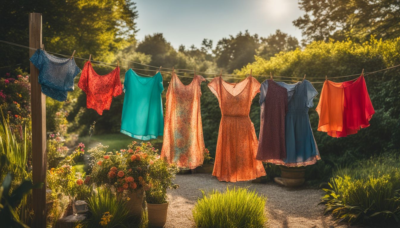 Colorful upcycled clothing collection hanging on a clothesline in a serene garden.