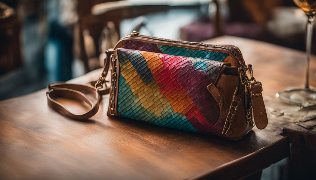 An upcycled purse made from repurposed materials showcased in a trendy setting.