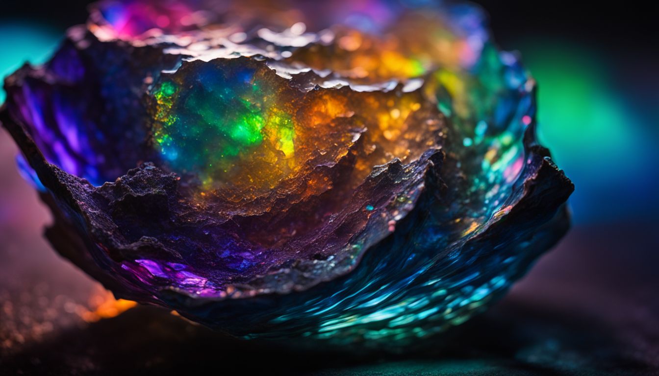 A close-up photo of a vibrant, iridescent Rainbow Opal.