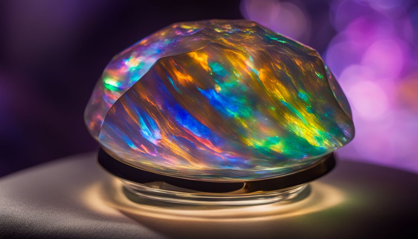 A photo of The Rainbow Opal displayed in a glass case.