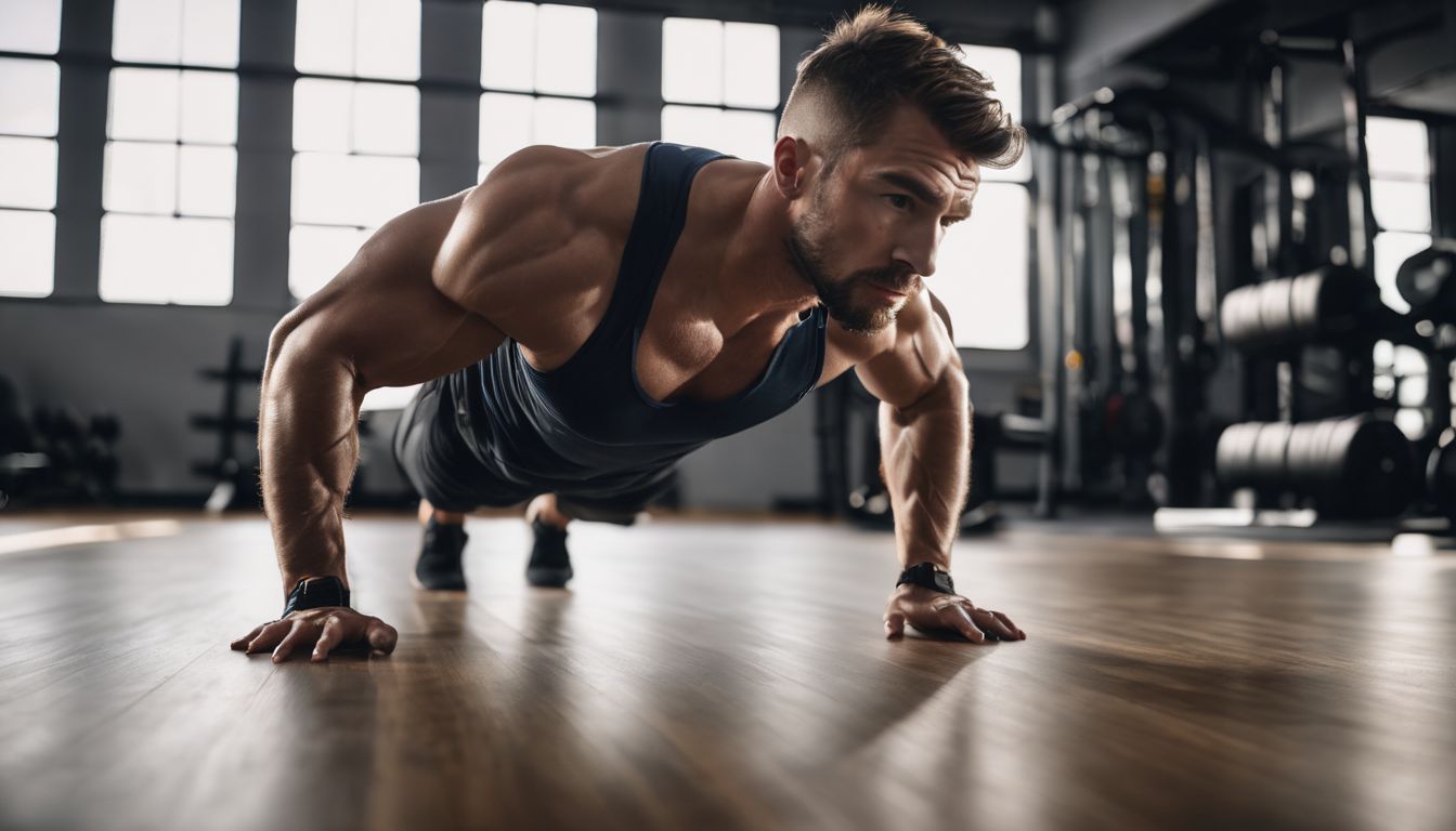 A fit man doing push-ups in a gym with various styles.