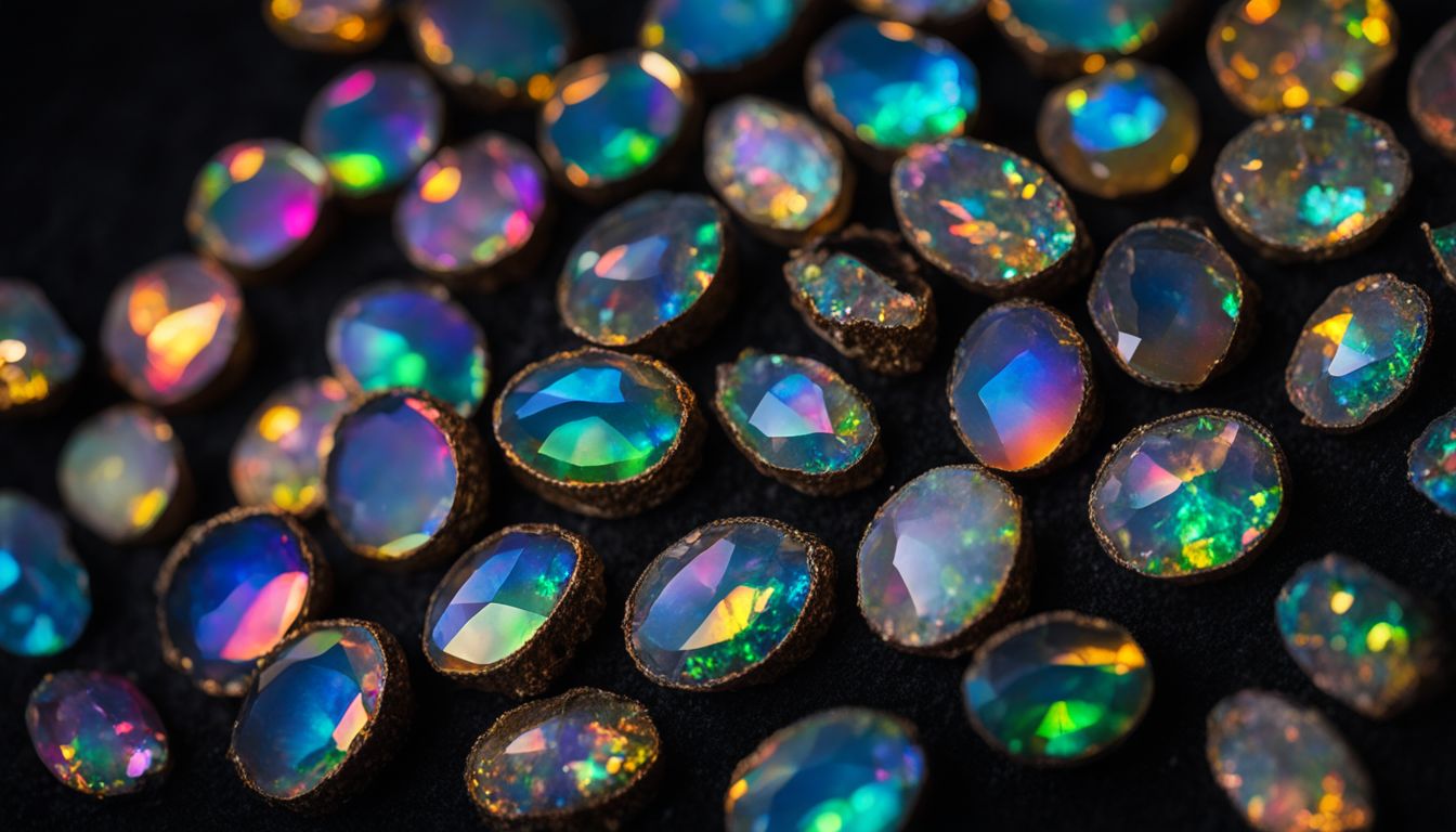 A close-up shot of a sparkling Rainbow Opal gemstone on a black velvet background.