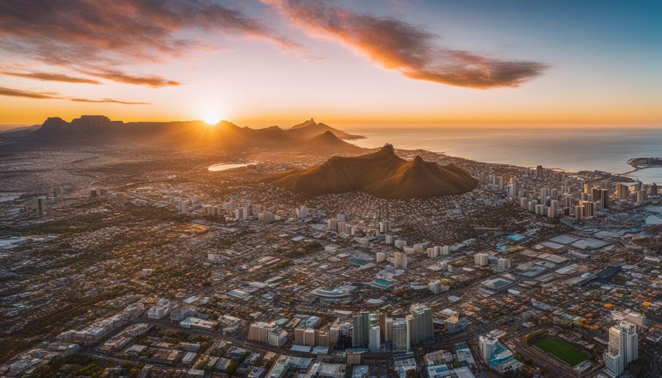 A drone captures a stunning aerial view of Cape Town's cityscape at sunset.