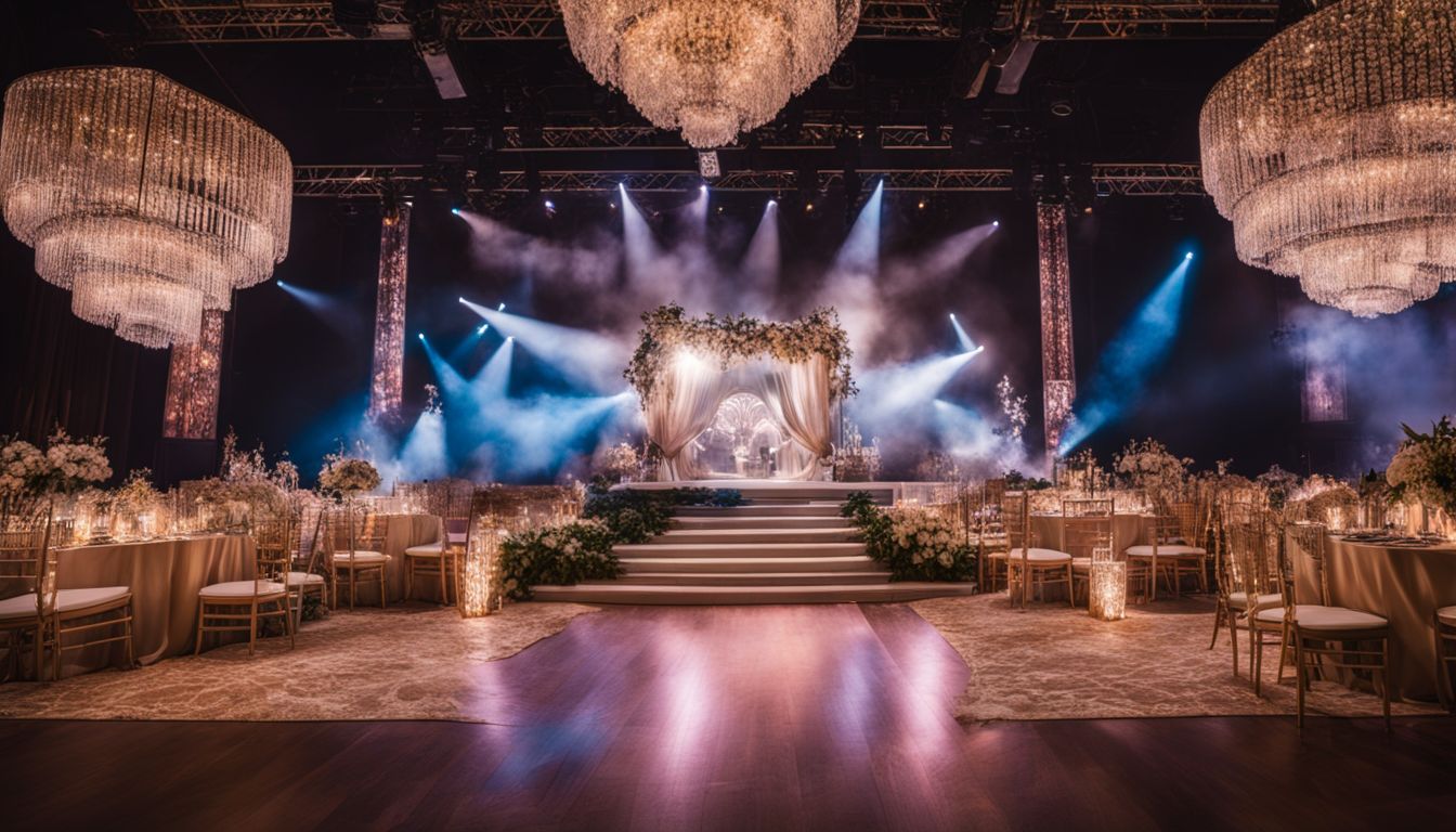 A stunningly decorated event stage with a bustling atmosphere, captured in high quality and vivid detail.