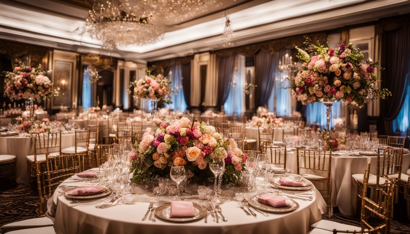 A beautifully decorated event venue with floral arrangements and intricate table settings, captured in high-quality photography without any people.