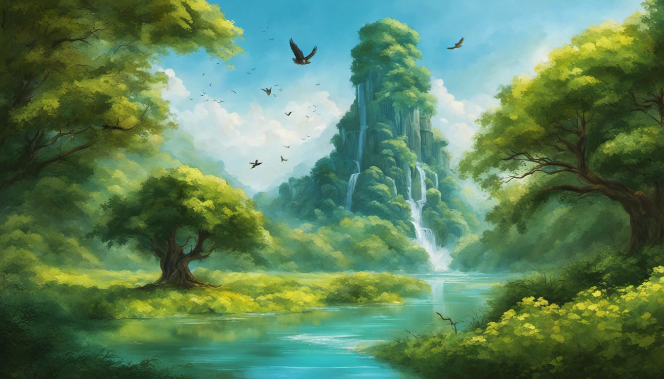 A serene and vibrant landscape featuring a majestic tree, lush flora, a gentle river, and soaring birds.