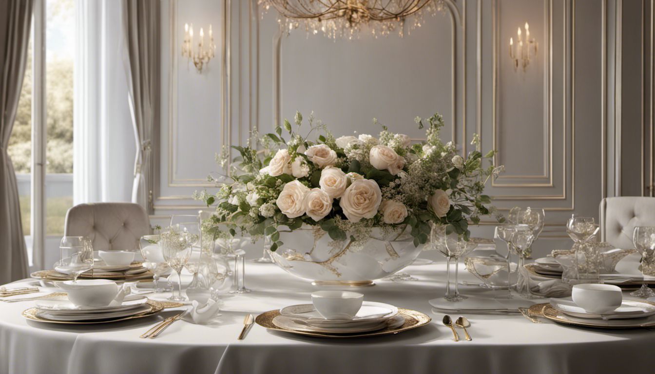 A luxurious table setting with elegant dinnerware and floral centerpieces in a beautiful dining room overlooking a garden.