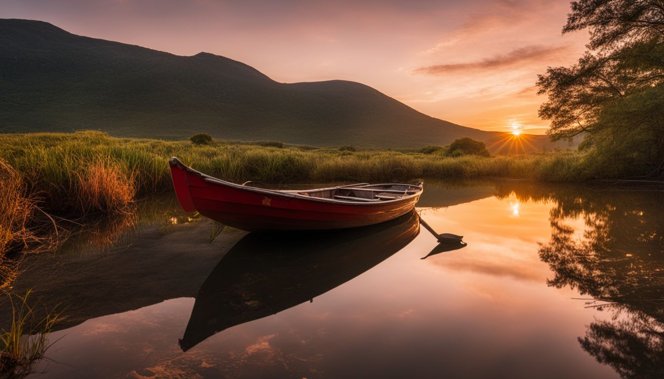 En bild av en solnedgång över en lugn sjö med en ensam båt.