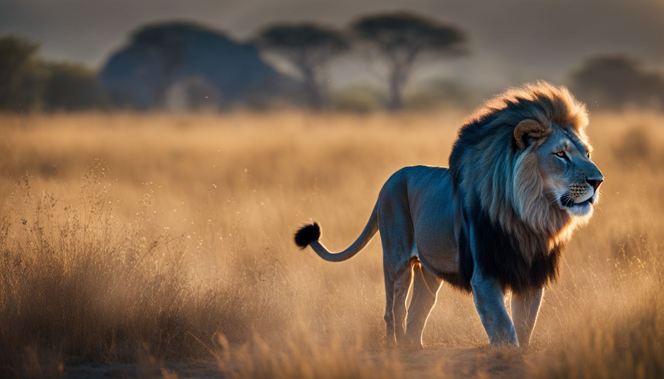 A stunning photograph of a majestic blue lion in the vibrant African savannah, captured with exceptional clarity and detail.