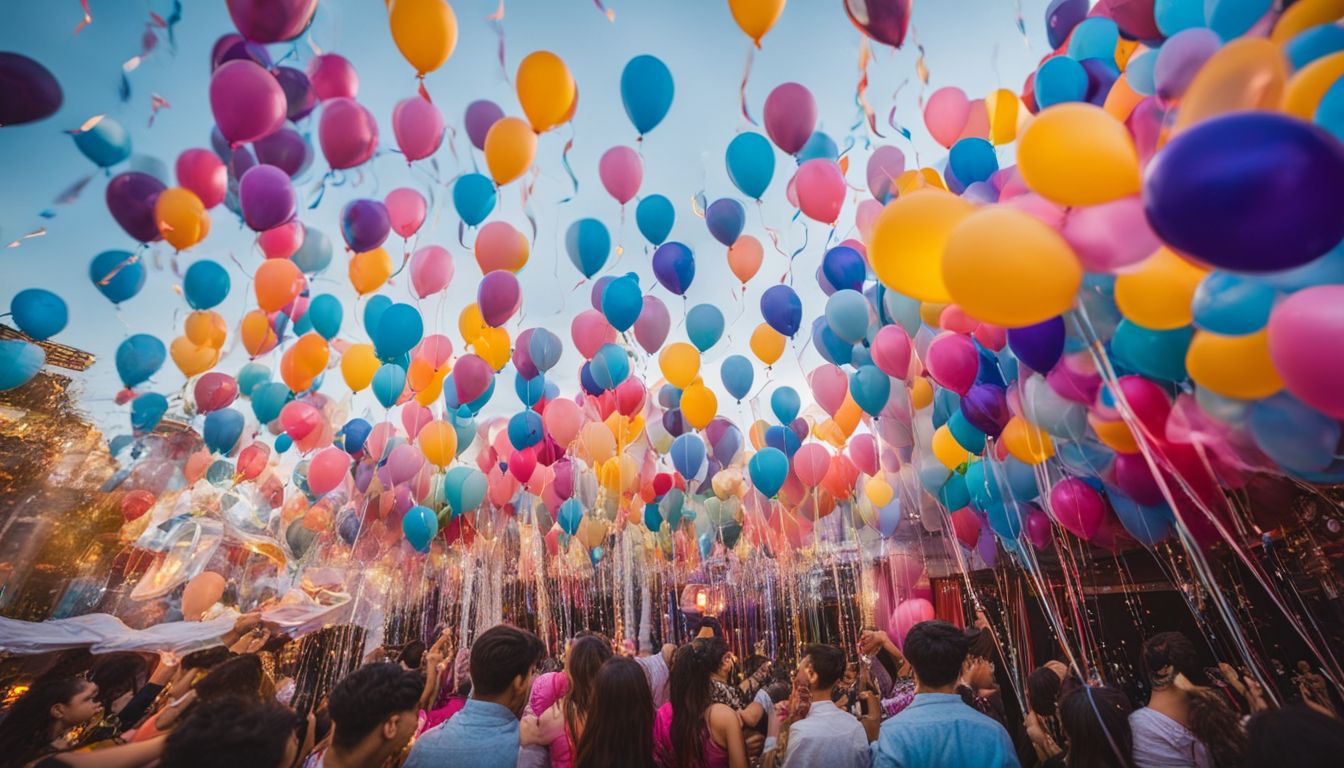 The photo captures vibrant event decorations with colourful balloons and streamers in a bustling atmosphere.
