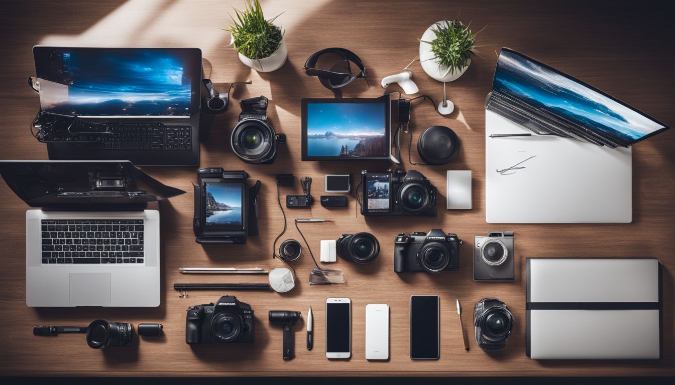 A collection of marketing tools and technology on a sleek desk, with a bustling cityscape backdrop.
