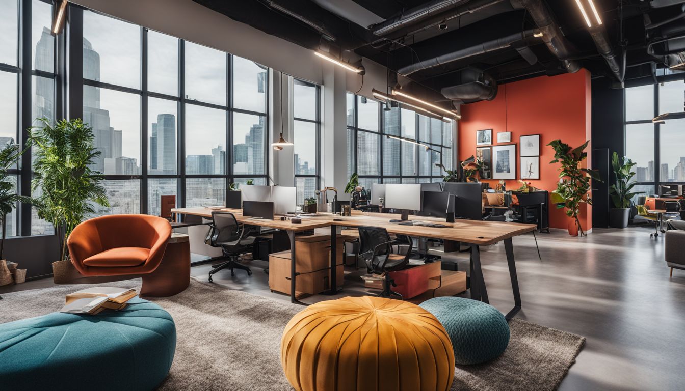 A modern and creative office workspace with vibrant colors and design elements, capturing a bustling atmosphere.