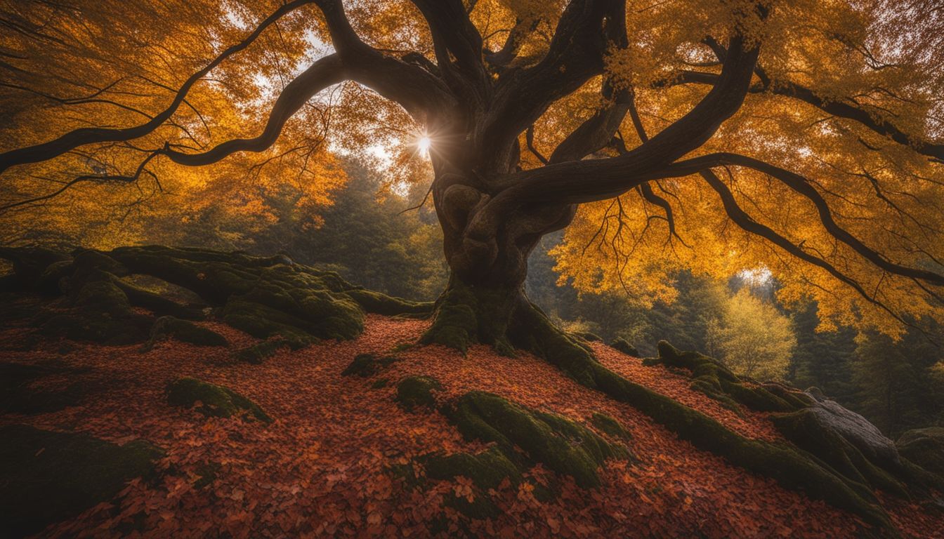 A solitary tree in a vibrant autumn forest, captured in high-resolution.