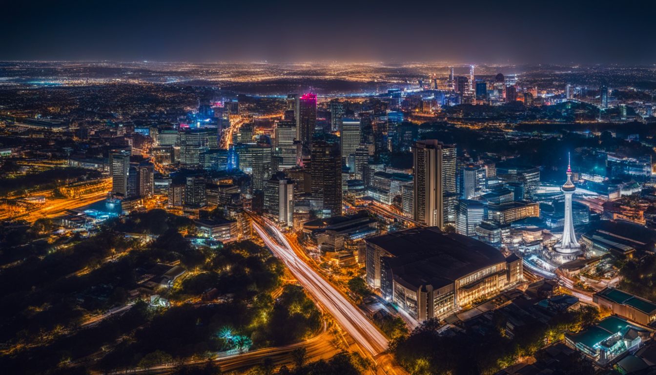 A vibrant cityscape of Johannesburg at night with a bustling atmosphere and a variety of people.