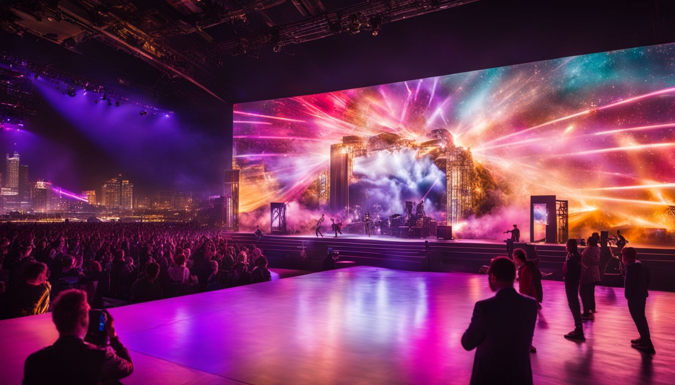 An immersive and captivating event stage with vibrant light effects, showcasing a bustling atmosphere and diverse styles.