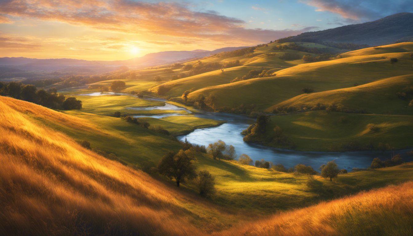 A breathtaking sunset landscape showcasing vibrant colors, rolling hills, golden fields, and a winding river.